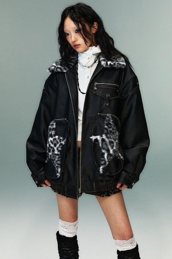 Star Leopard Print Vintage Leather Jacket