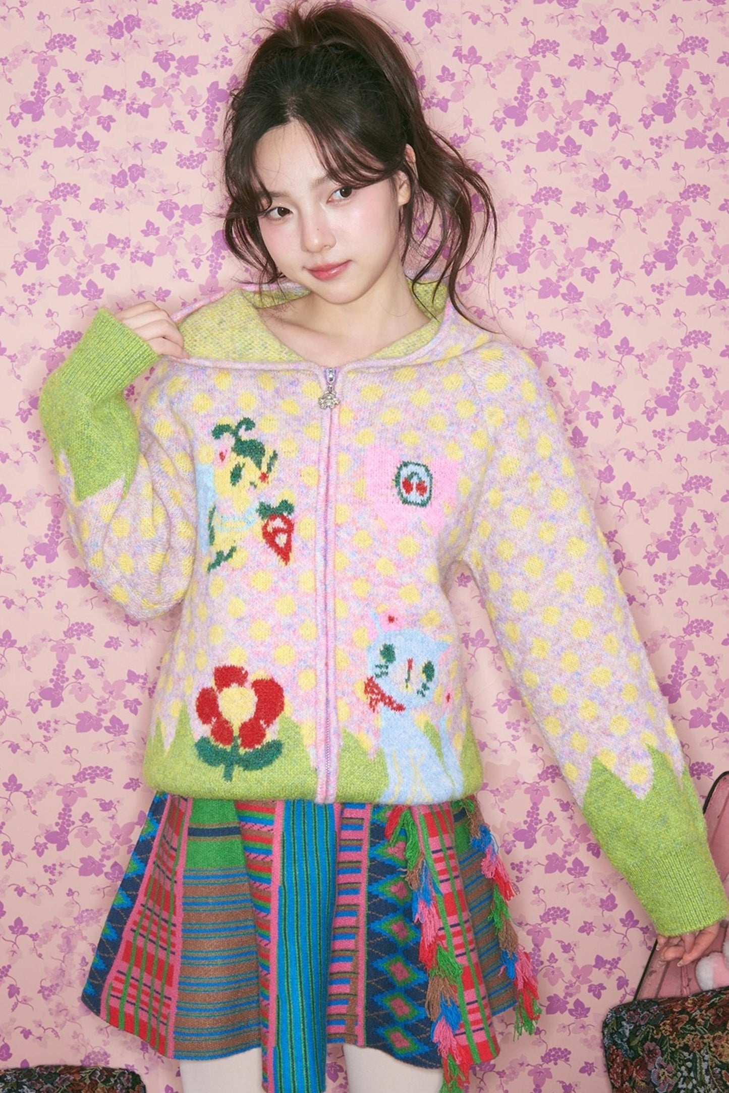 Light Pink Polka Dot Hooded Cardigan