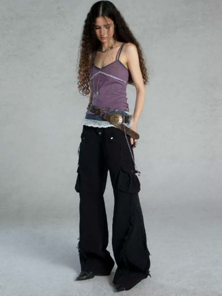 Straight Loose Washed Distressed Trumpet Mop Pants