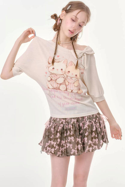 Playful Cat Print Bow Top
