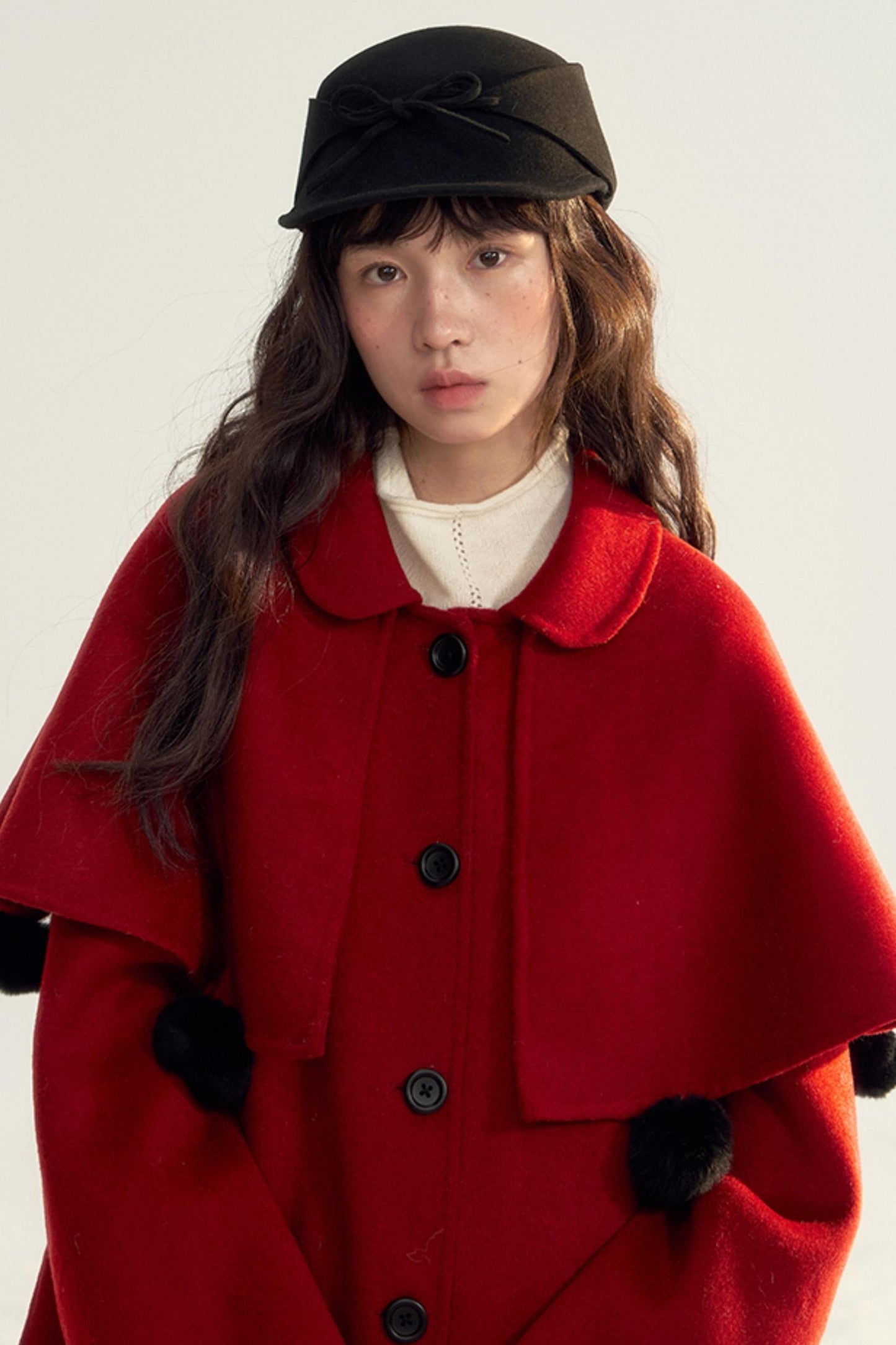 Detachable Cape Red Wool Coat