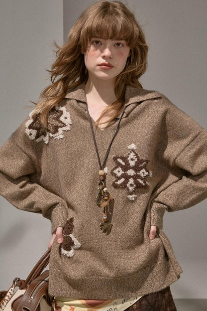Volumetric Snowflake V-Neck Casual Sweater