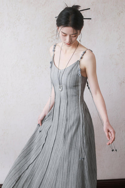 Gray Halter Pleated Dress Set-Up
