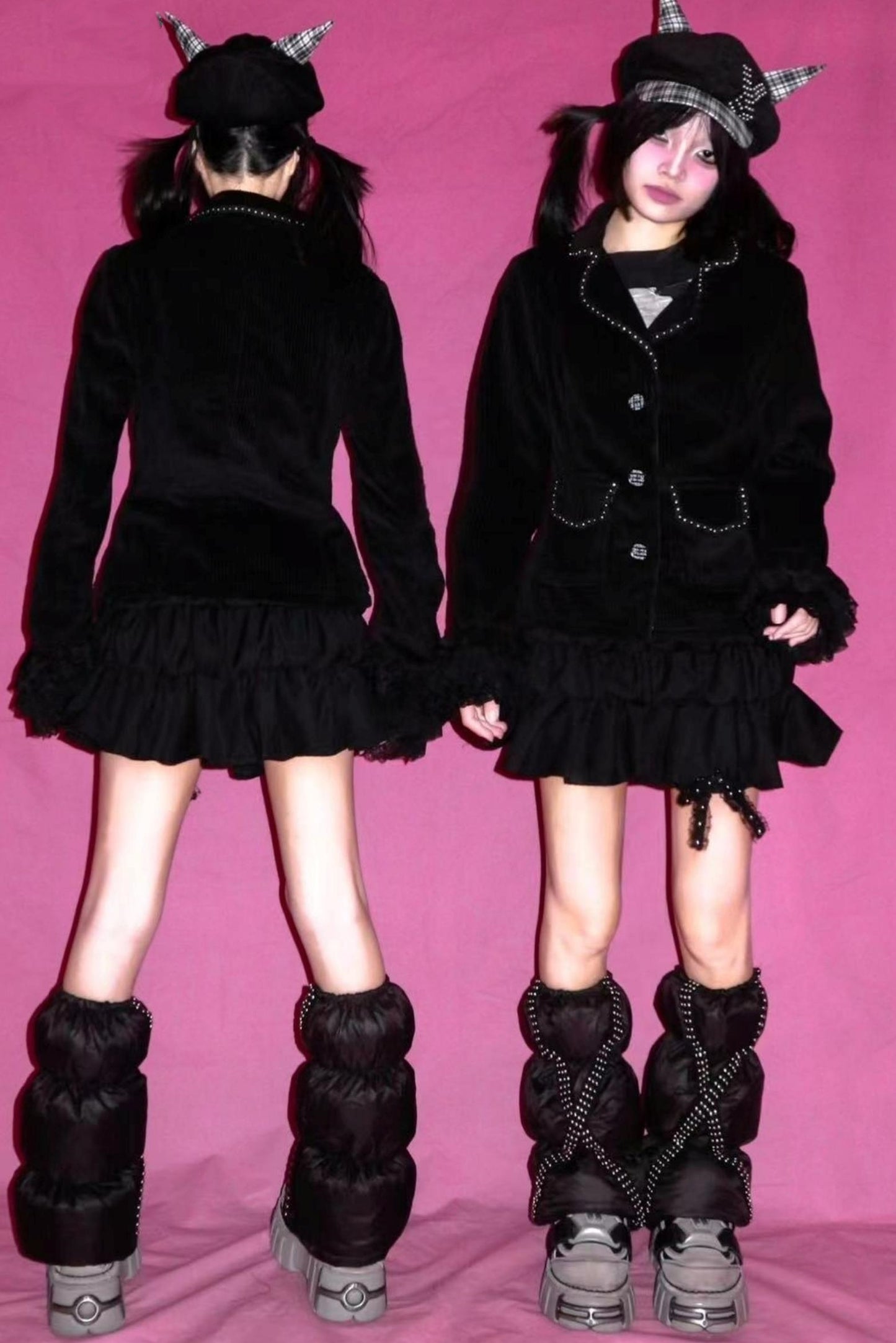 Studded Lace Sleeves Slim Corduroy Blazer