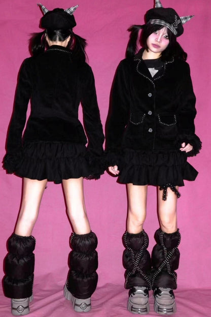 Studded Lace Sleeves Slim Corduroy Blazer