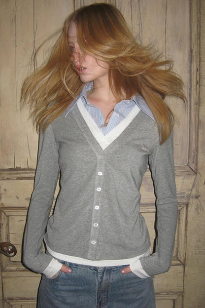 Gray Embroidered Knit Blouse