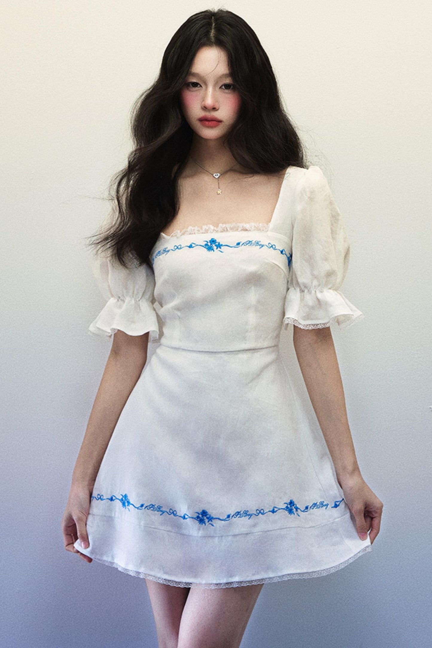 Embroidered Blue Linen Summer Dress