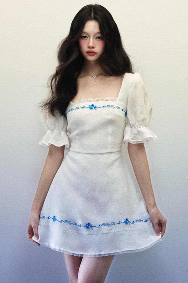 Embroidered Blue Linen Summer Dress