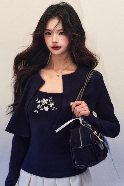Embroidery Knit Cardigan Set-Up