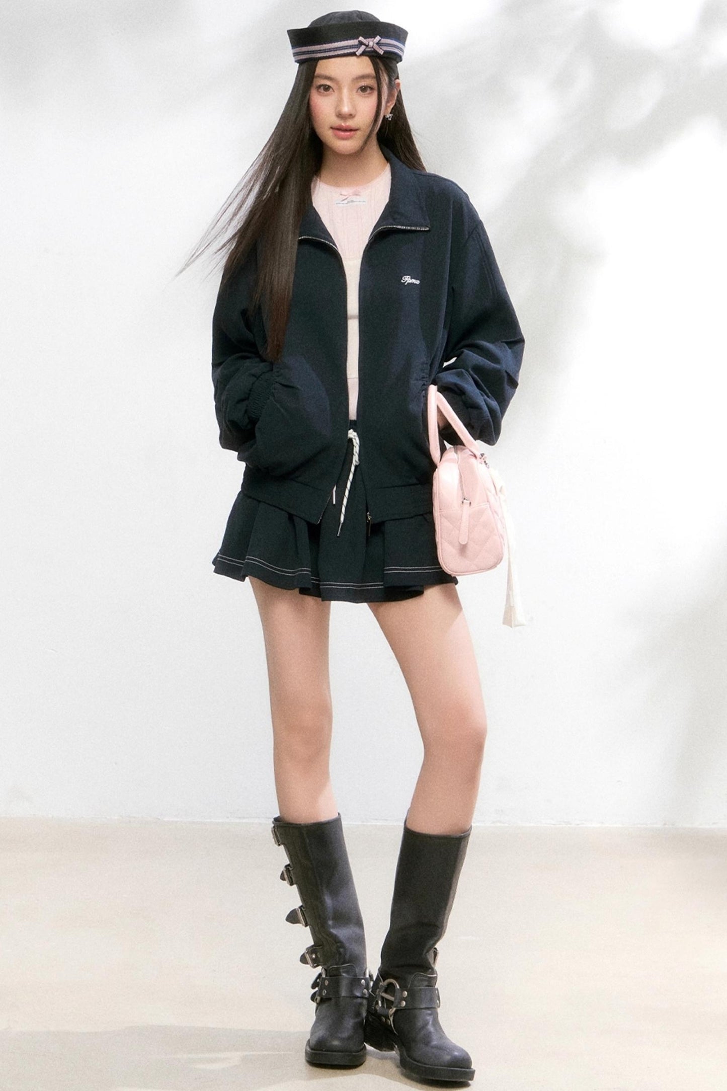 Shirred Zip Contrast Culottes Two-Piece Set-Up