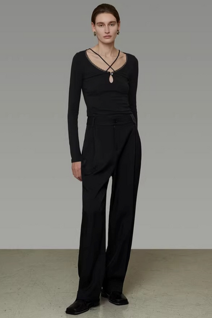 Black Cross-Neck Knit Sweater