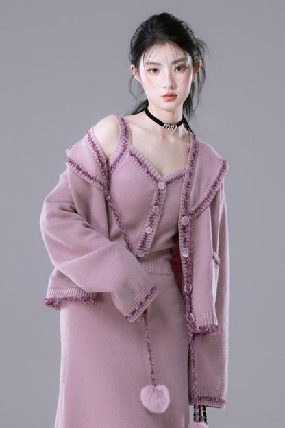 Pink Purple Fleece Wool Dress Set-Up