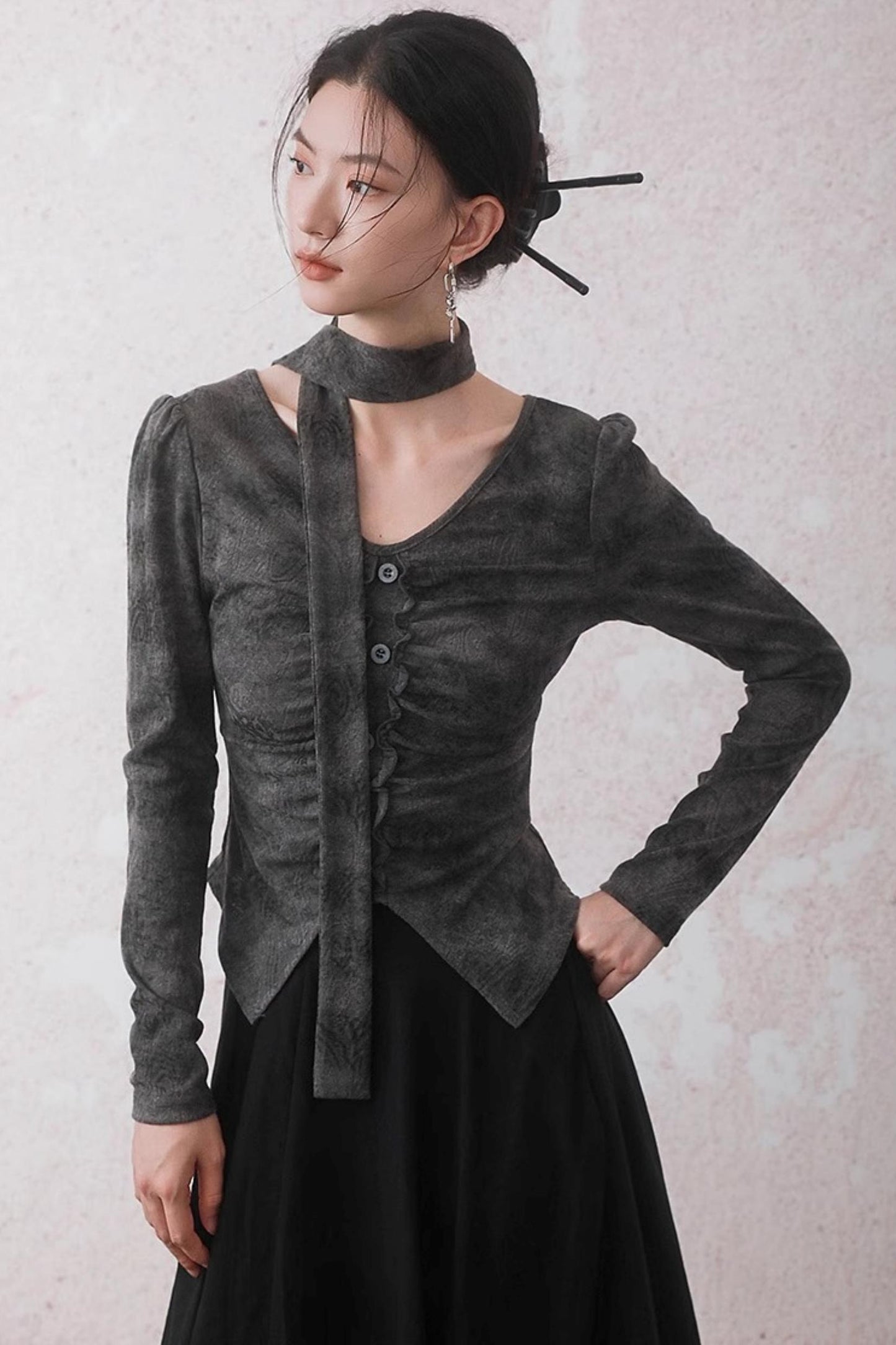 Autumn Gray Tie-dye Knitted V-Neck T-Shirt