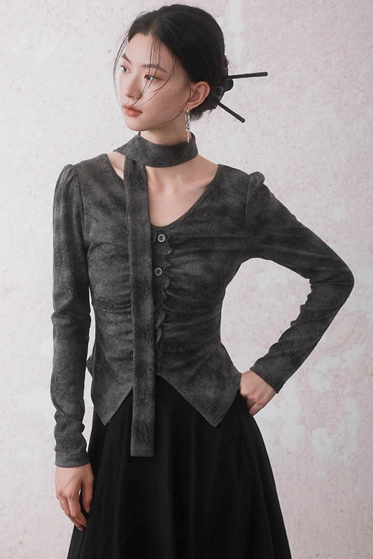 Autumn Gray Tie-dye Knitted V-Neck T-Shirt