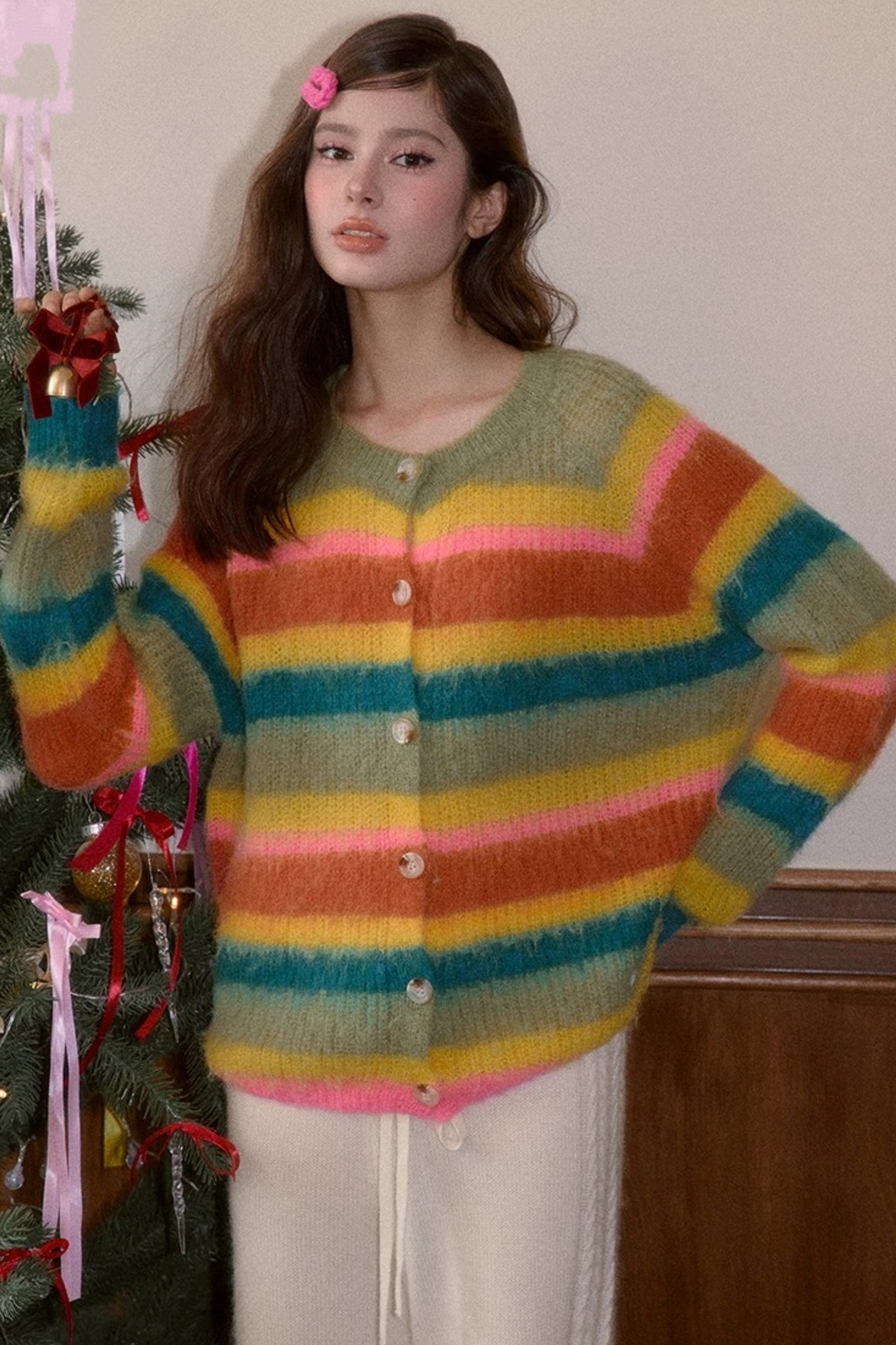 Fleece Rainbow Stripe Cardigan