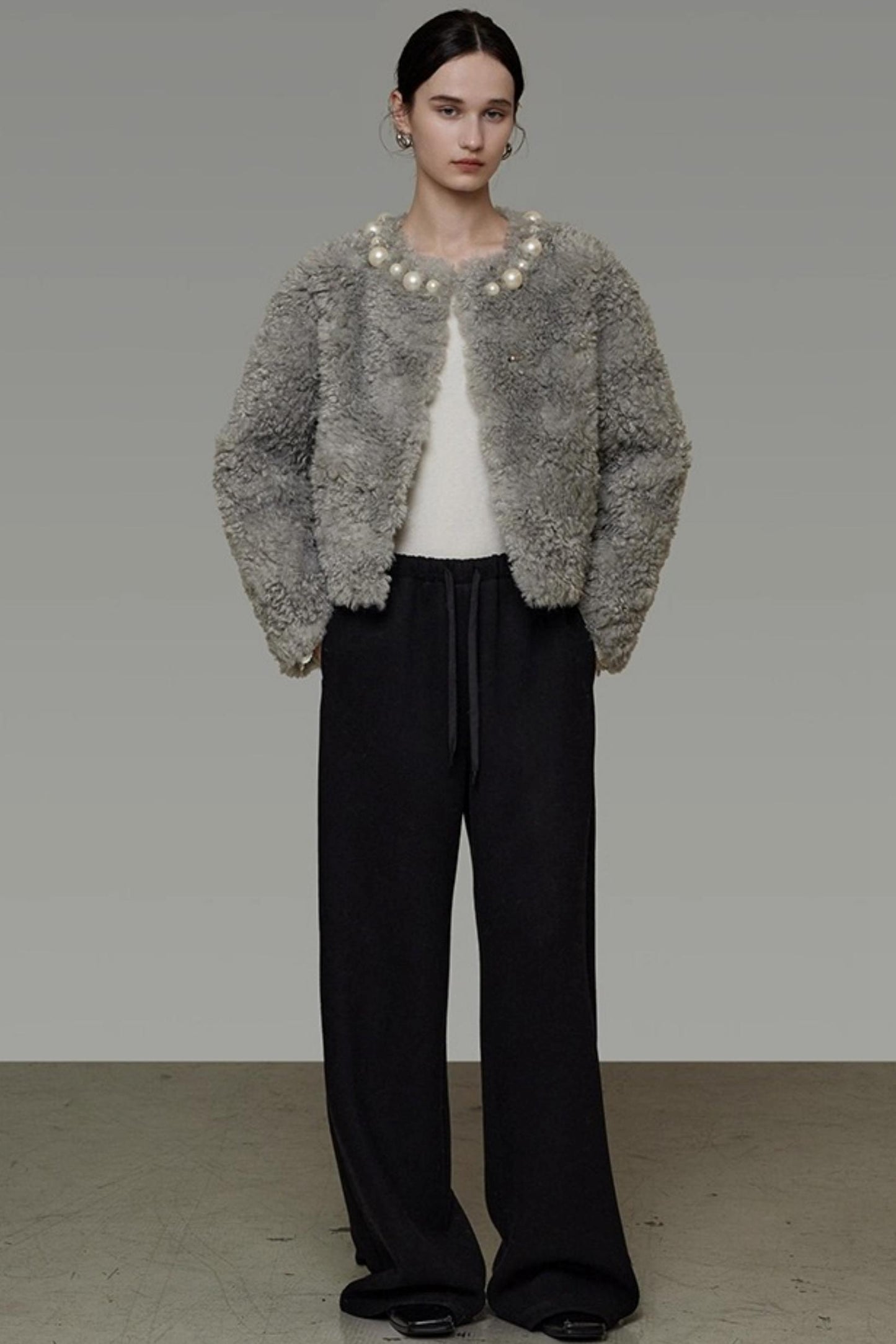 Pearl Collar Faux Fur Jacket