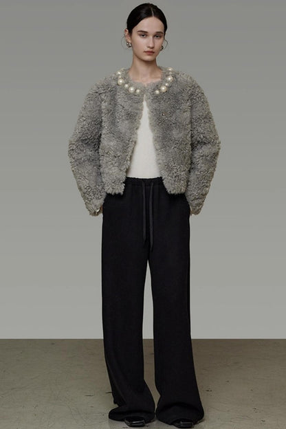 Pearl Collar Faux Fur Jacket