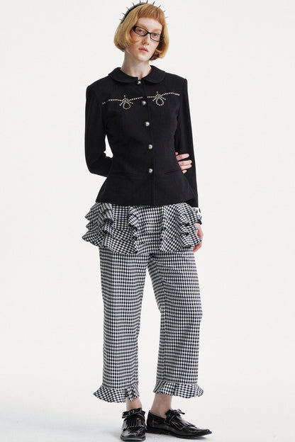 Lace Trim Checkered High Waist Pants