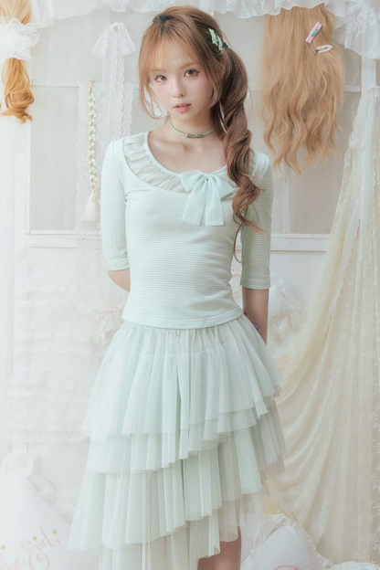 T-shirt verde menta plissettata in tulle con fiocco