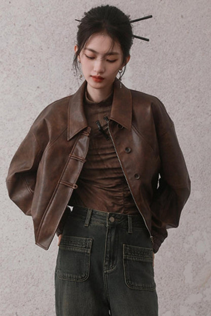 Cocoa Brown Retro Leather Jacket