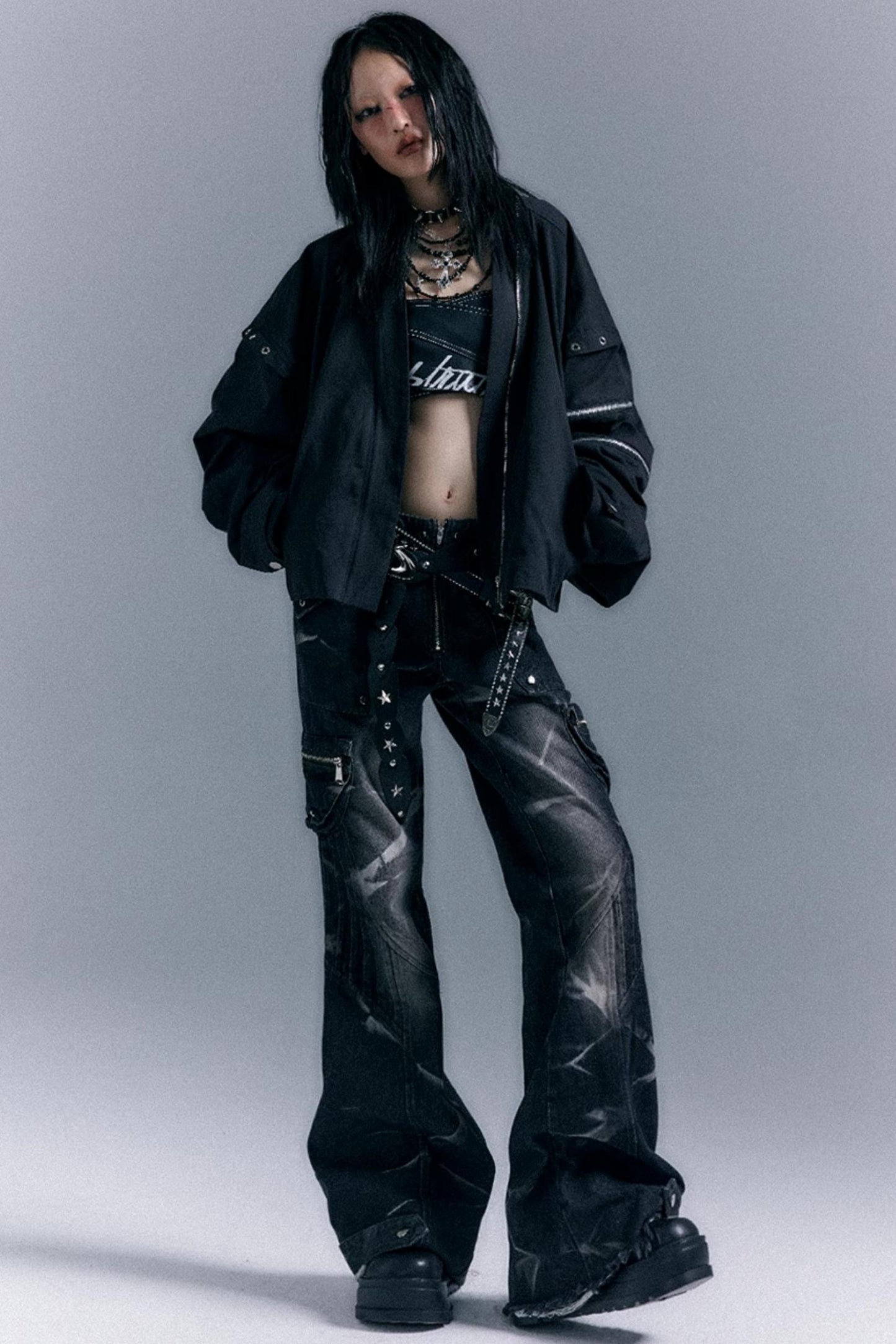 Vintage Studded Denim Flared Pants