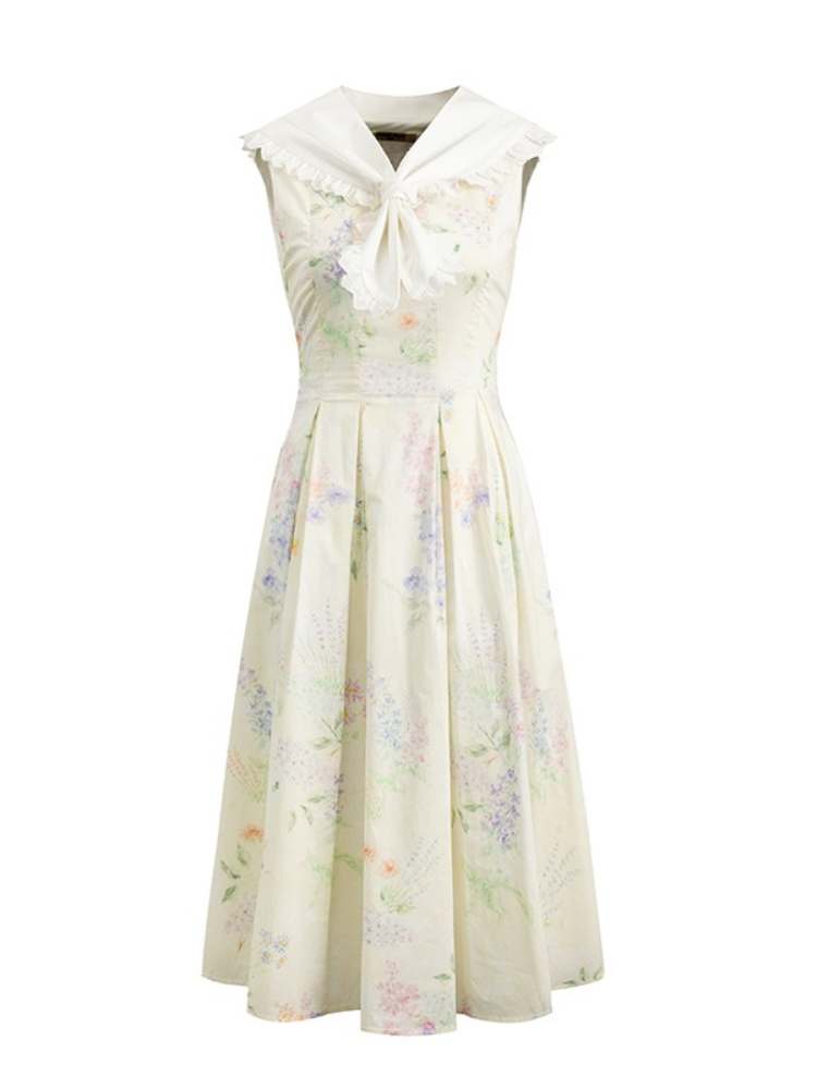 Frills Sailor Collar Floral Sleeveless Dress