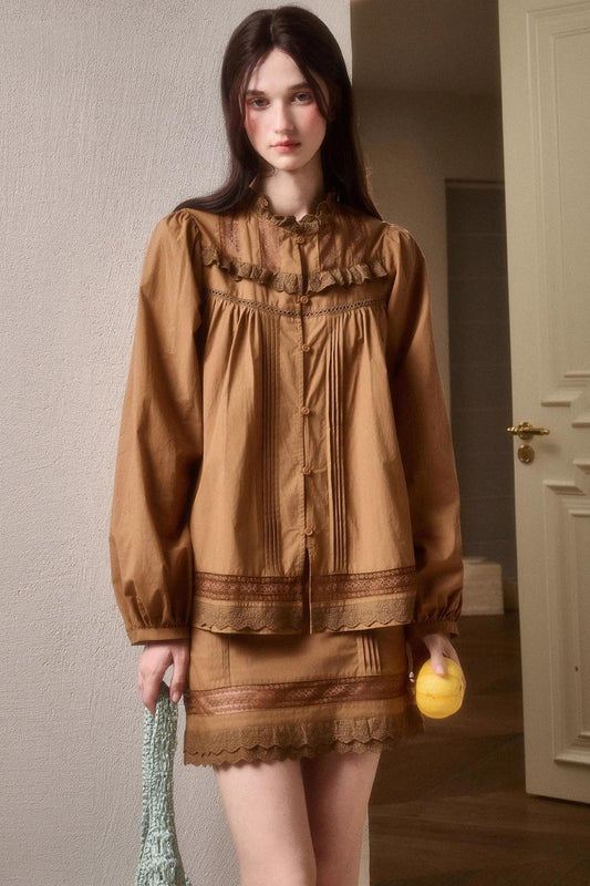 Cotton Lace Shirt With Skirt Set-Up