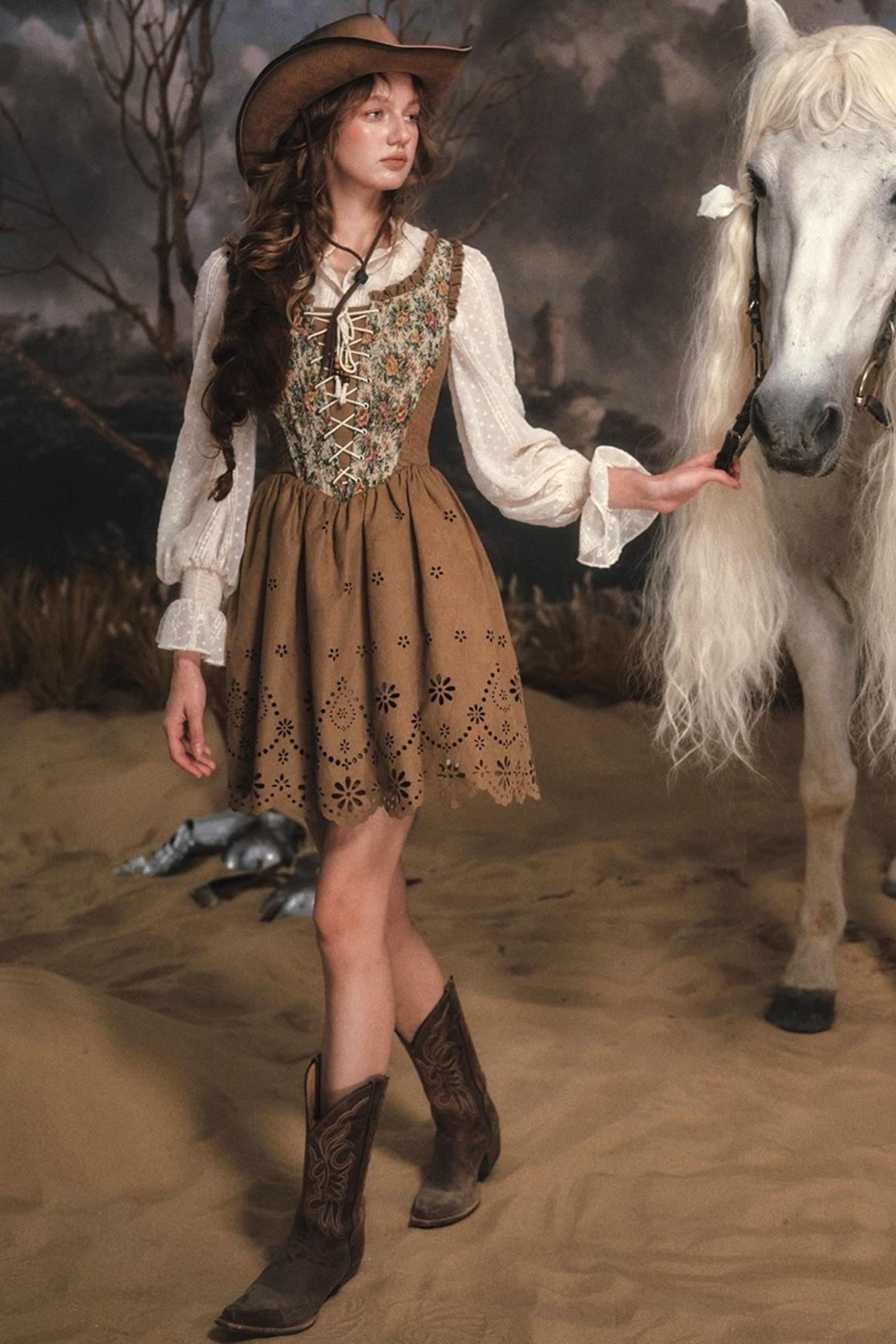 Vintage Country Print Suede Dress Set-Up