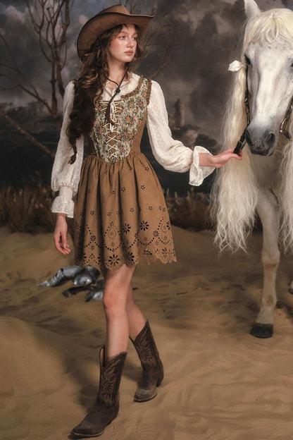 Vintage Country Print Suede Dress Set-Up