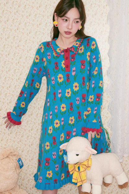 Blue Flower Knitted Dress