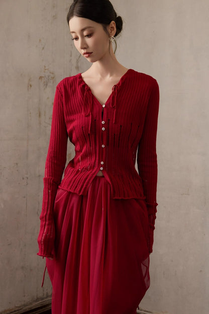 Autumn Red Knitted Cardigan