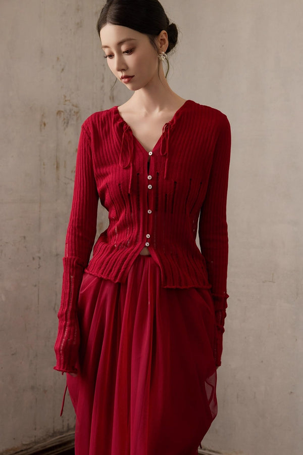 Autumn Red Knitted Cardigan