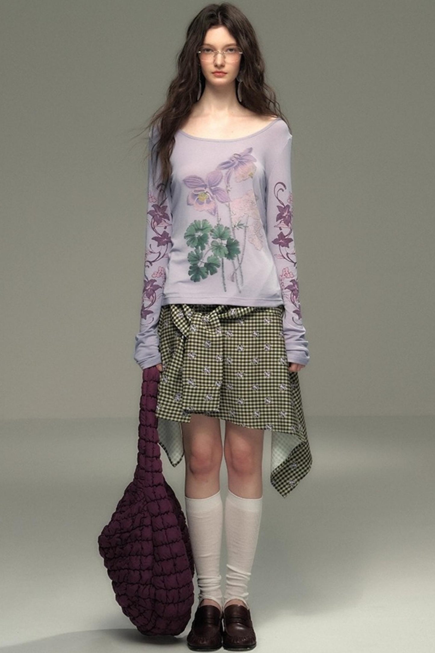 Retro Green Check Lace-Up Skirt