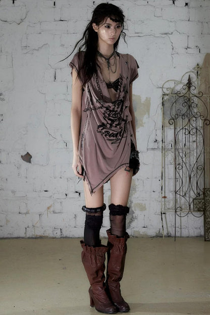 Punk Asymmetrical Neckline T-Shirt Set-Up
