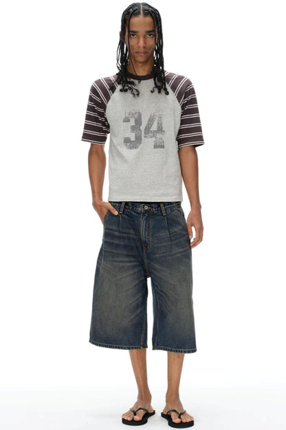 Pleated Distressed Denim Shorts