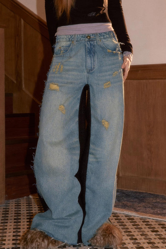 Frayed Hem Patchwork Jeans