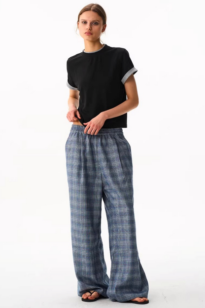 Blue Plaid Wide-Leg Pants