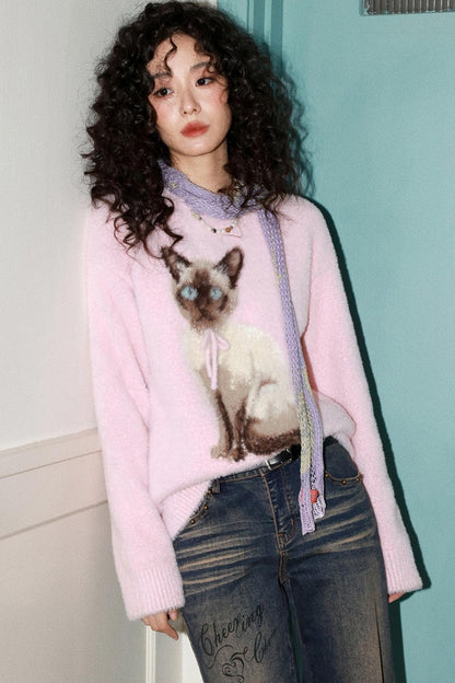 Pink Cat Imitation Mink Sweater