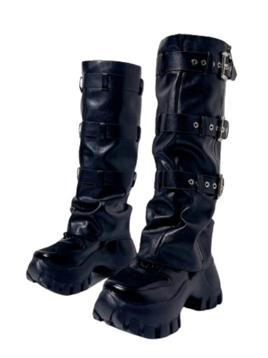 Y2K Punk-Stil Triple Belt Hohe Stiefel 