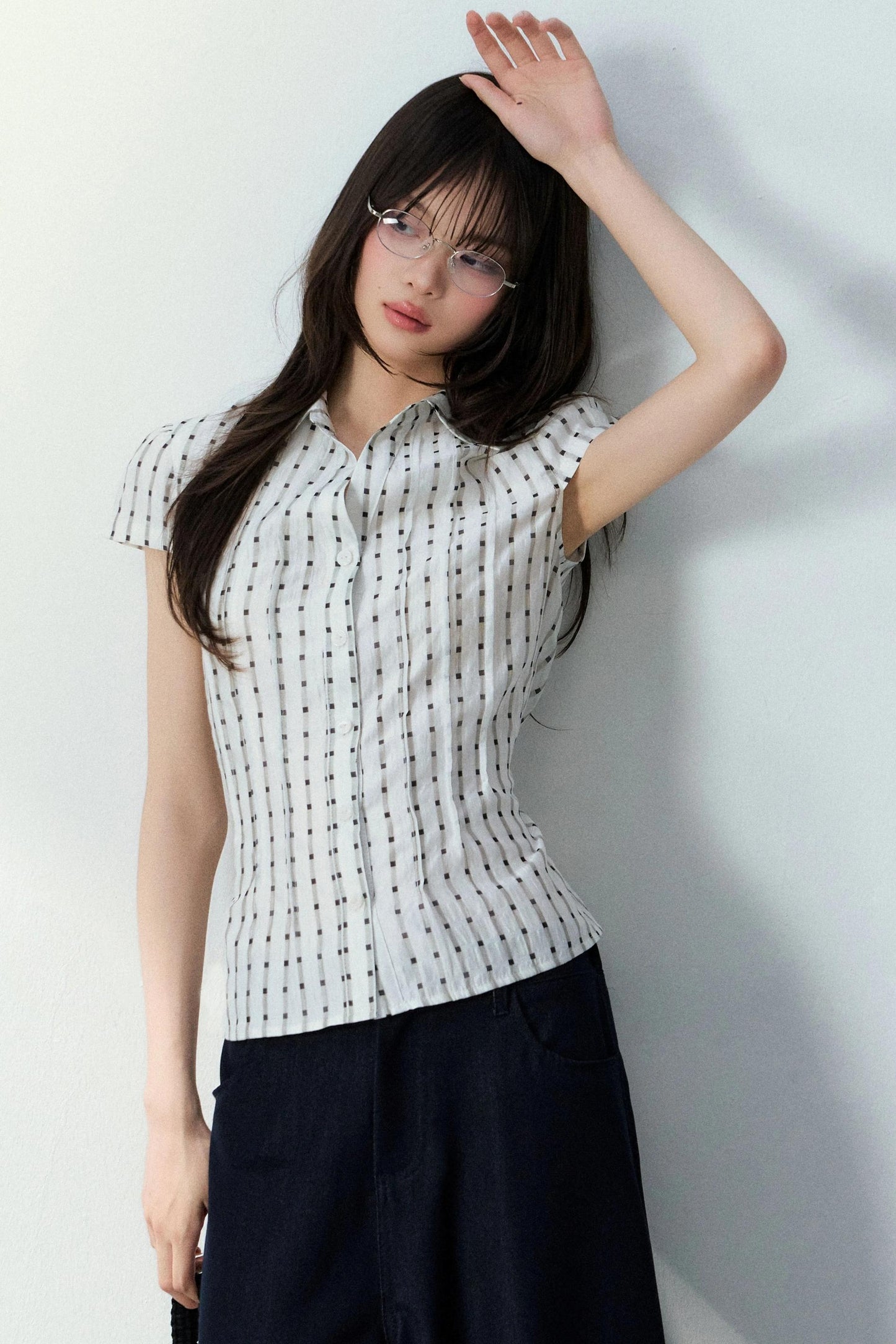 V-Neck Plaid Polka Dot Short Sleeve Shirt Set-Up