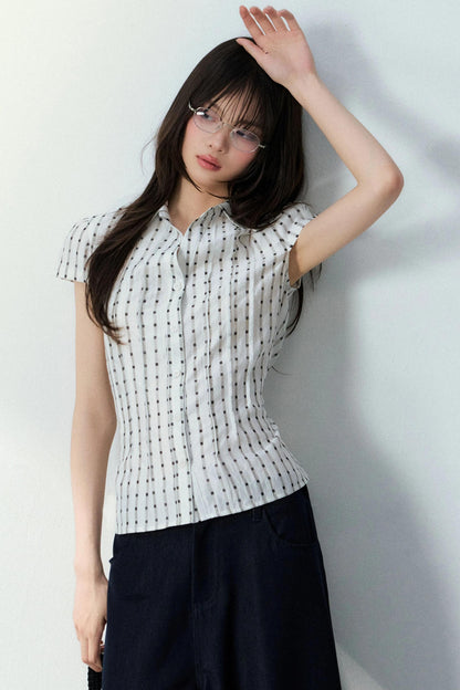 V-Neck Plaid Polka Dot Short Sleeve Shirt Set-Up
