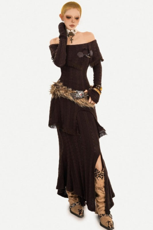 Retro Knit Off-Shoulder Top Set-Up