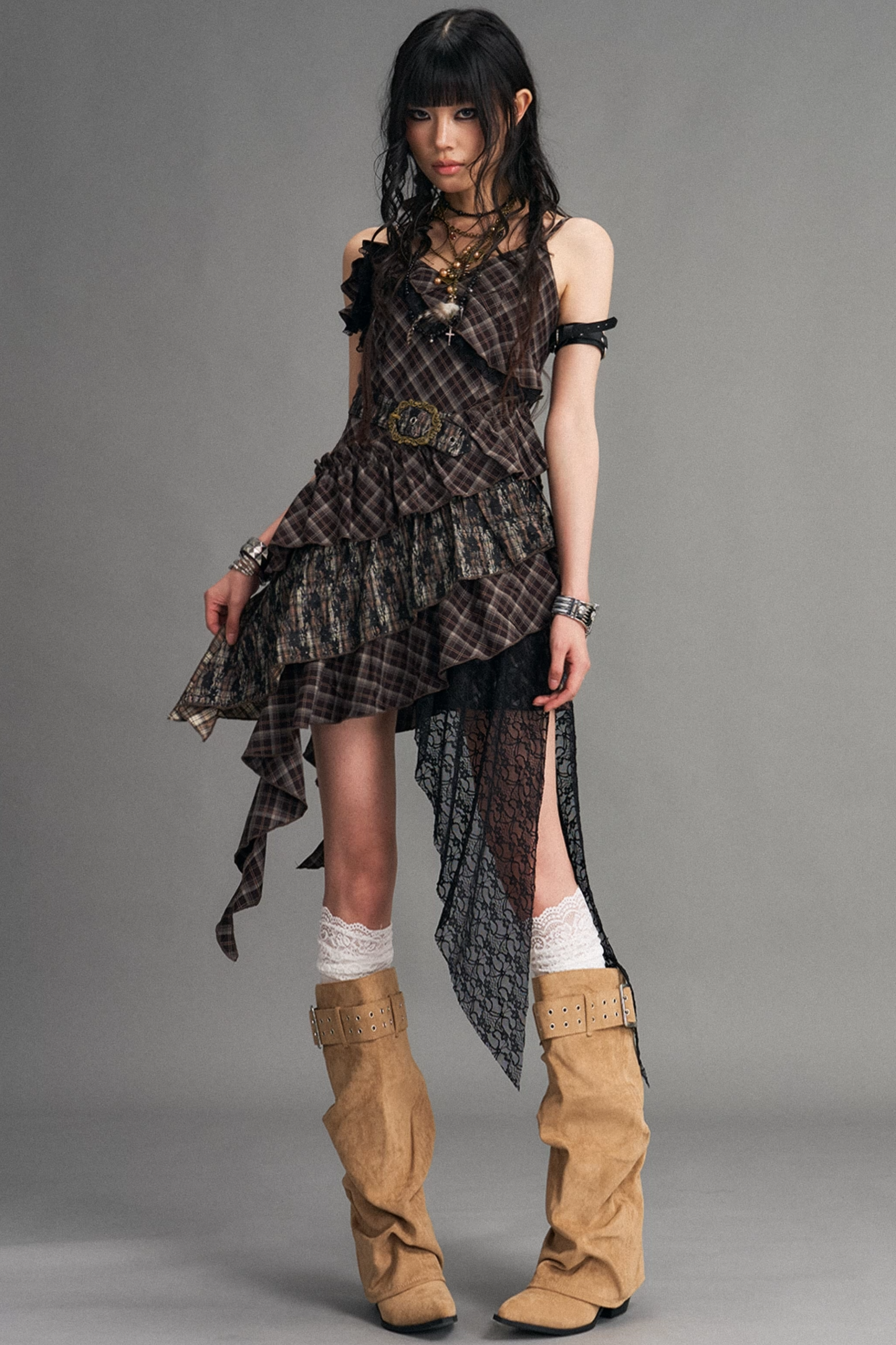 Retro Irregular Plaid Dress