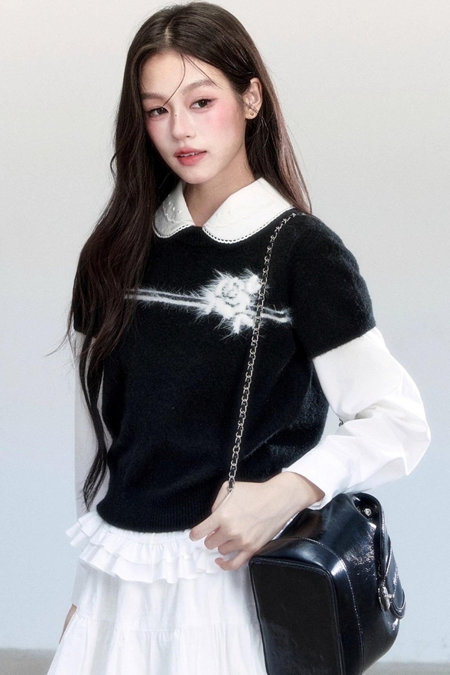 Flower Knitted Short-Sleeved Top