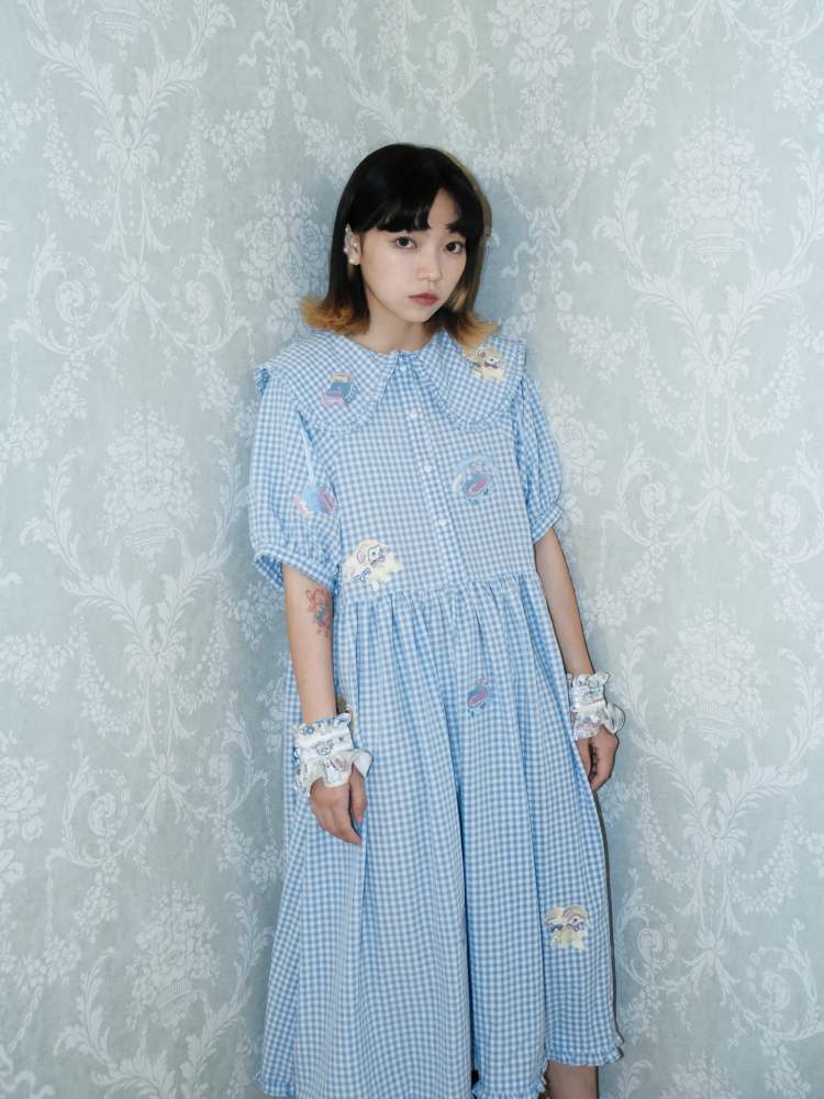 Sheep Embroidery Plaid Frill Dress