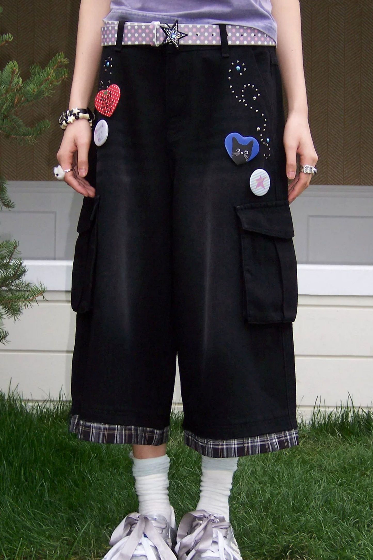 Patchwork Plaid Rhinestone Jeans