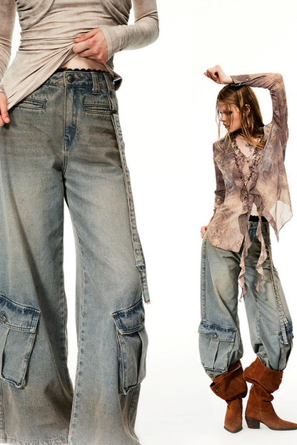 Heavy-Washed Wide-Leg Cargo Jeans