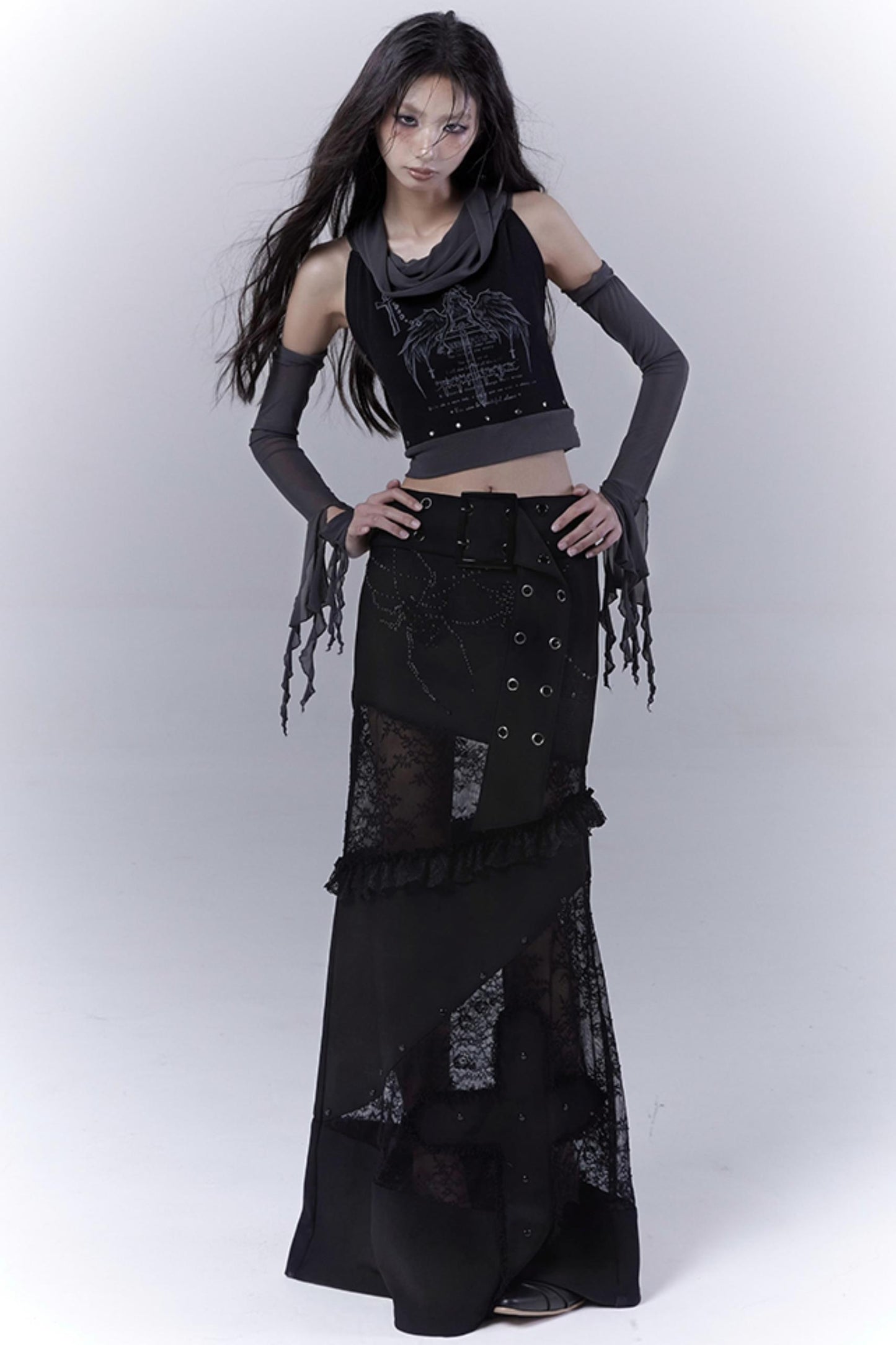 Gothic Elegance Sheer Lace Bustle Skirt