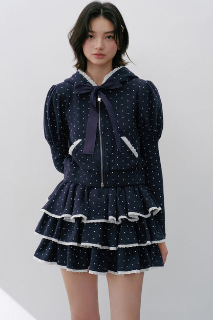 Navy Polka Dot Hooded Tracksuit Set-Up