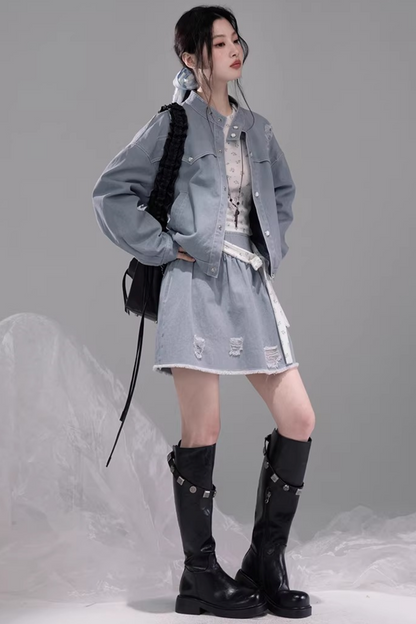 Distressed Rock Denim Jacket Set-Up